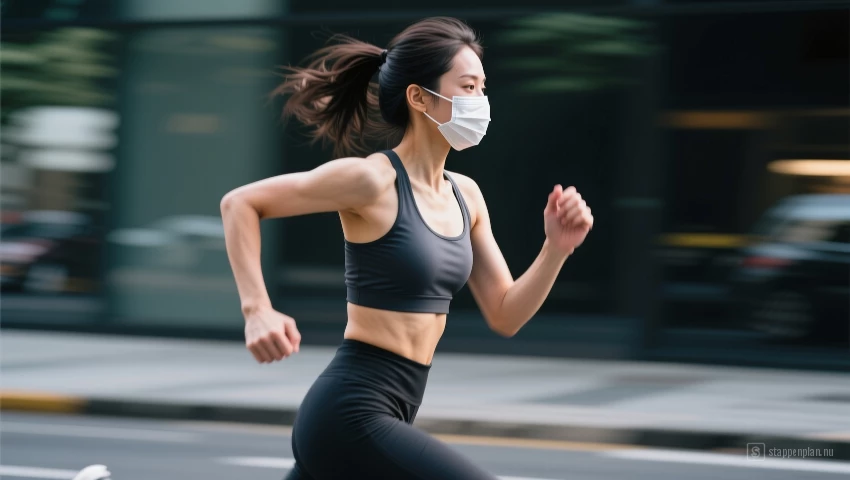 Vrouw die rent met verfijnd masker.