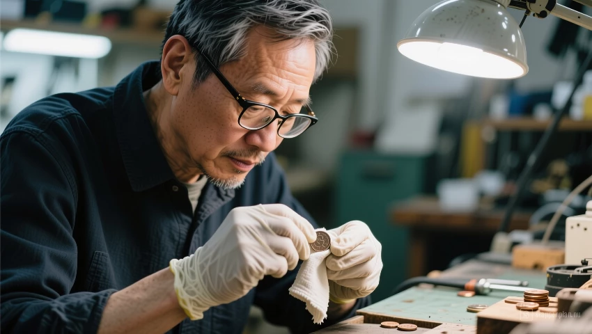 Man reinigt een munt met een zachte doek.