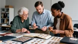Groep mensen inspecteert verschillende materialen van muntenalbums.