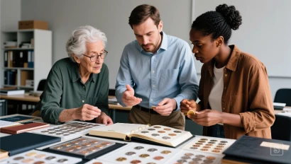Groep mensen inspecteert verschillende materialen van muntenalbums.