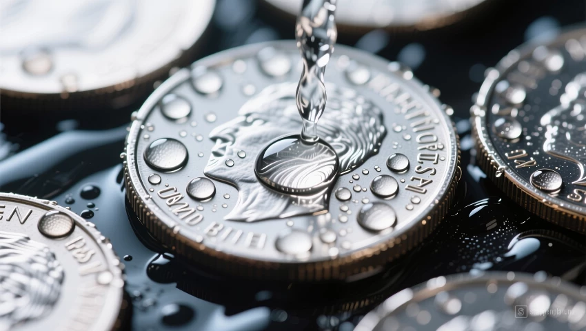 Waterdruppels op zilveren munten.