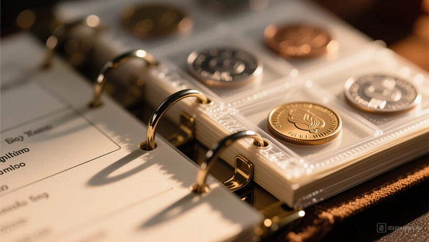 Detailopname van de binding van een muntenalbum.