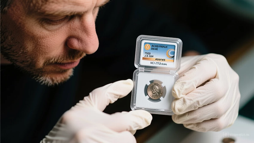Man plaatst een gerestaureerde munt in een houder.