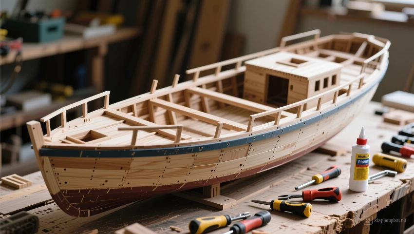 Half afgewerkte romp van een schip, met gereedschap.