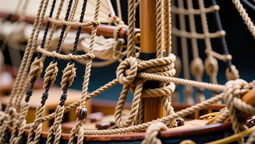 Close-up van het ingewikkelde netwerk van touwen en knopen.