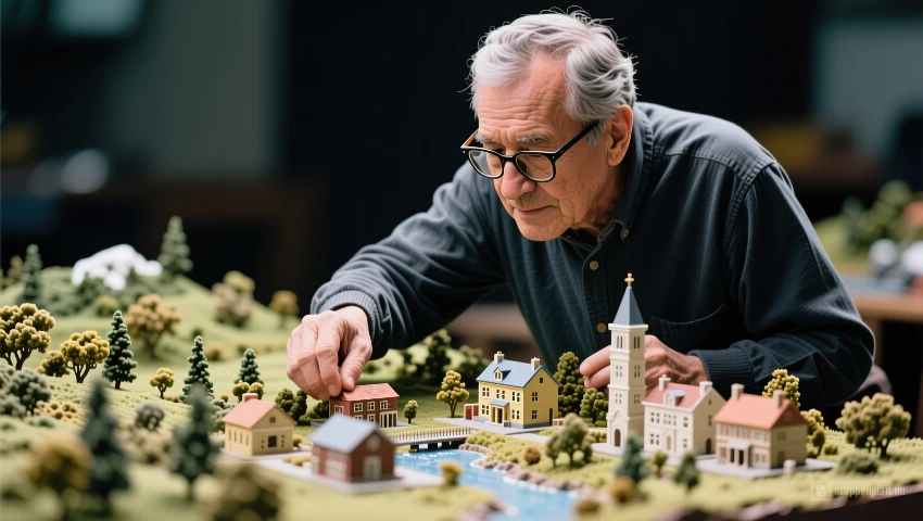 Een man die miniatuurbouwen plaatst.