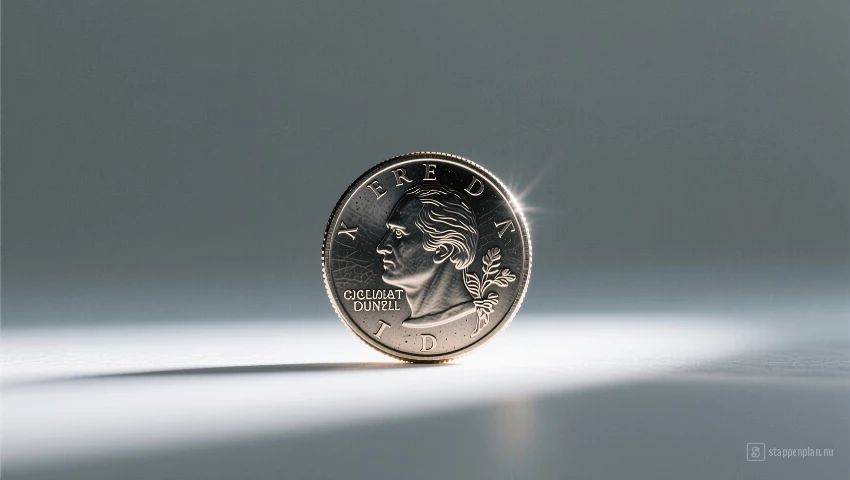 Munt verlicht door softbox, grijze achtergrond.