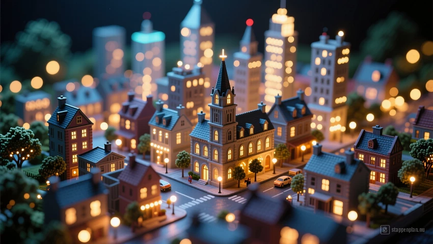 Een realistische 3D weergave van een verlichte stad.