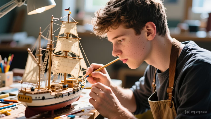 Jonge man van West-Europese afkomst schildert details.