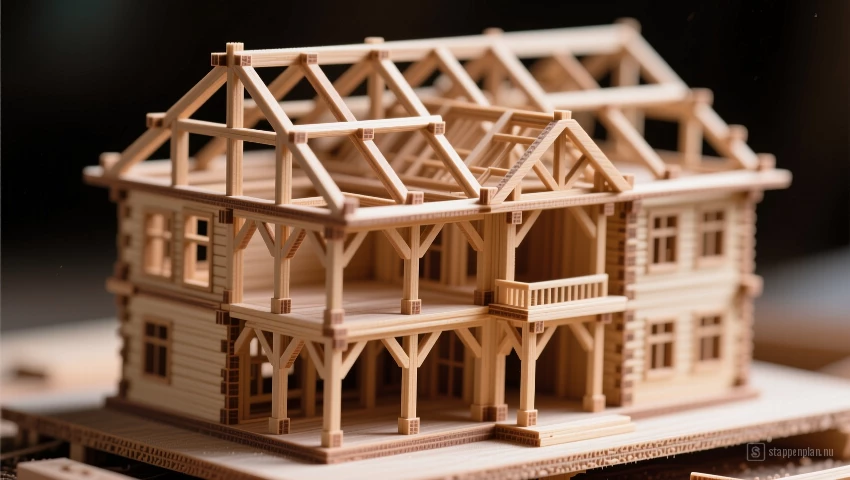 Een close-up van het gedetailleerde houten frame van een gebouw.