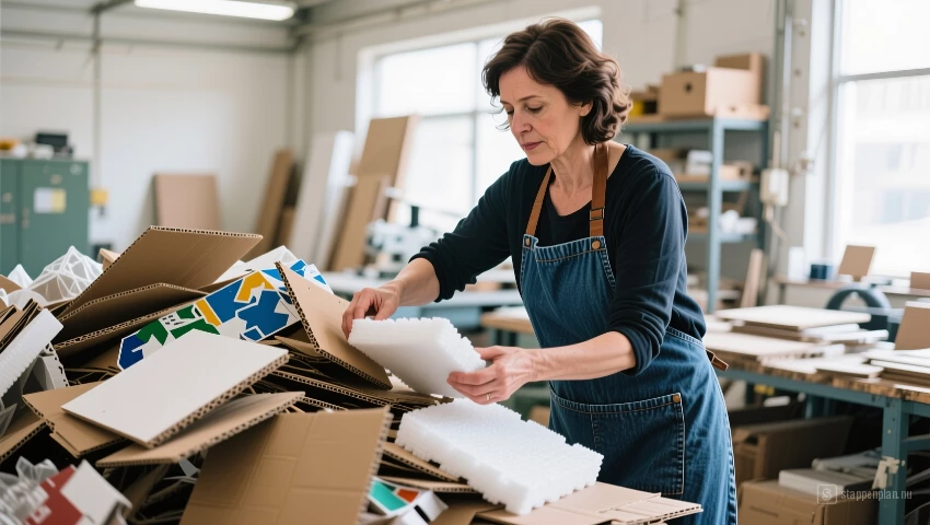 Een vrouw die gerecyclede materialen sorteert.