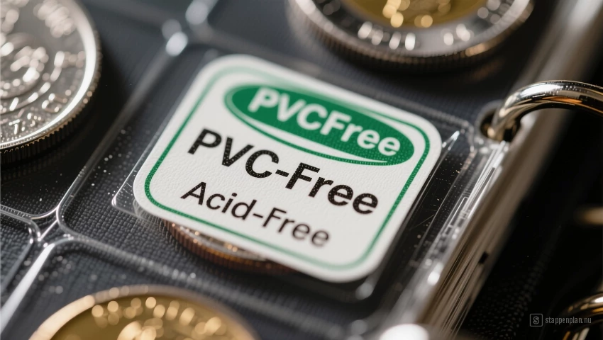 Detailopname van een label op een muntenalbum met de vermelding 'PVC-vrij' en 'zuurvrij'.