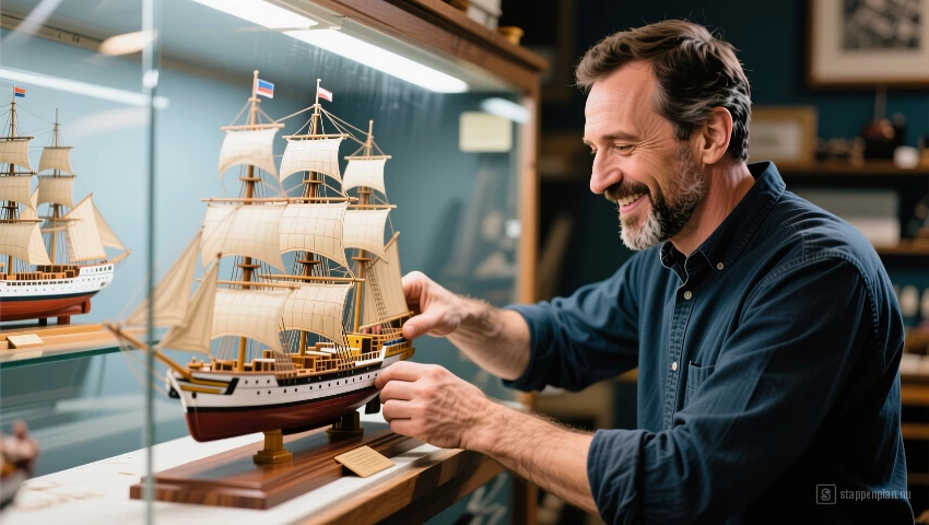 Man van West-Europese afkomst plaatst model op een standaard.