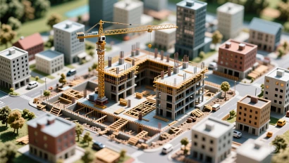 Een luchtfoto van een stad in aanbouw.