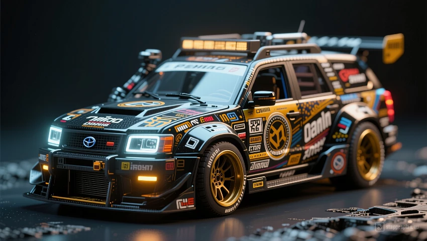 3D render van een modelvoertuig met stickers en verlichting.