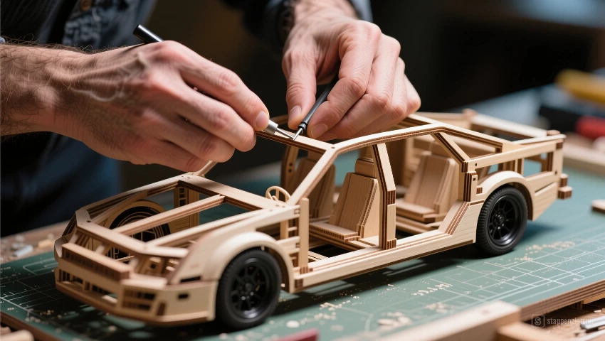 Handen monteren het houten frame van een modelvoertuig.