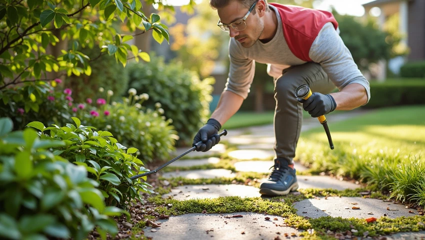 Man brengt mosremmer aan op tuinpad met spuitbus.