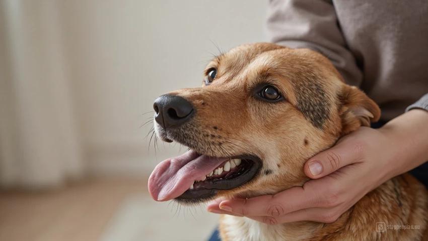 Hand aait hond zachtjes.