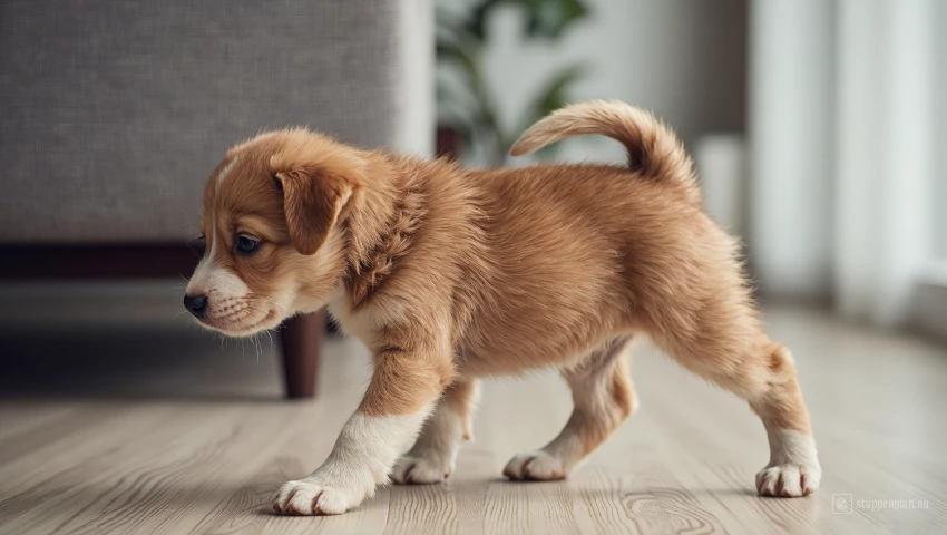 Puppy met lage staart en gespannen lichaam.