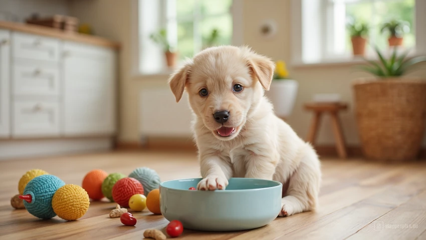 Puppy die gretig uit een voerbak eet.