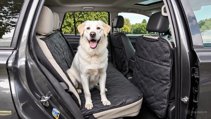 Auto interieur met hond en beschermhoes.