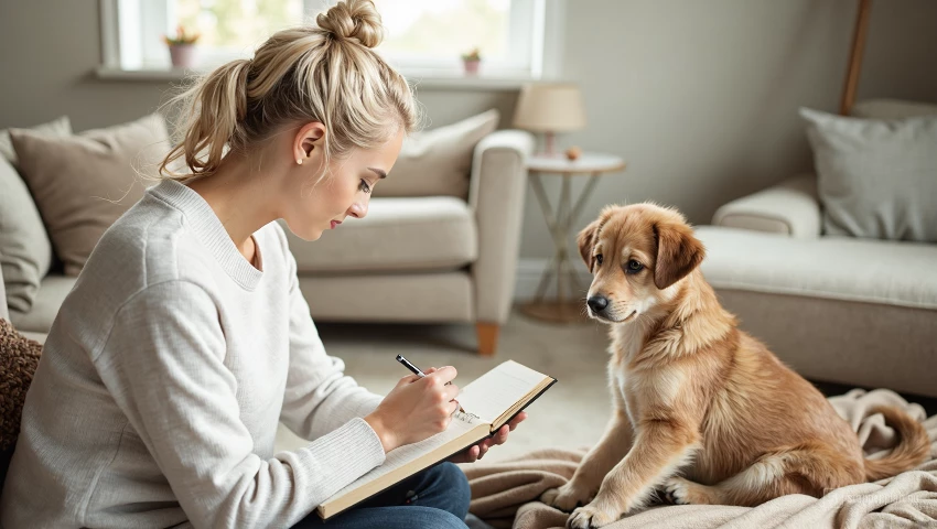 Persoon schrijft in een dagboek terwijl hij een puppy observeert.