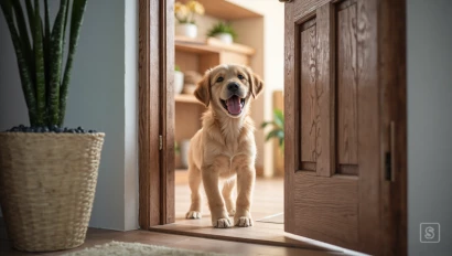 Persoon opent een deur voor een puppy.