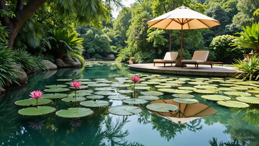 Vijver met waterlelies en parasol.