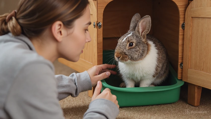 Persoon wacht geduldig tot konijn bak gebruikt.