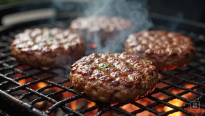 Burgers grillen op een houtskoolgrill.