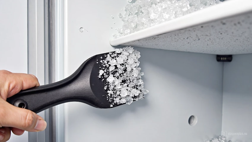 Plastic schraper verwijdert ijs uit de vriezer.