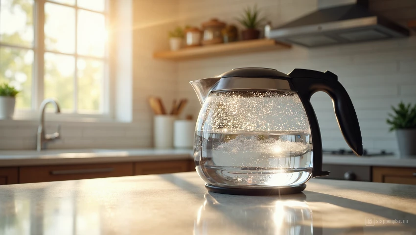 Schone waterkoker schijnt op het aanrecht.