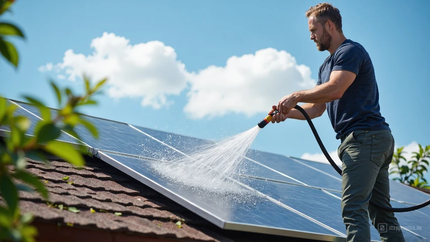 Persoon spoelt zonnepaneel met tuinslang.