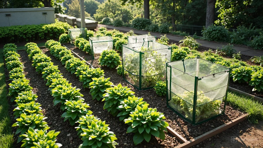 Luchtfoto van moestuin met strategisch geplaatste biervallen.