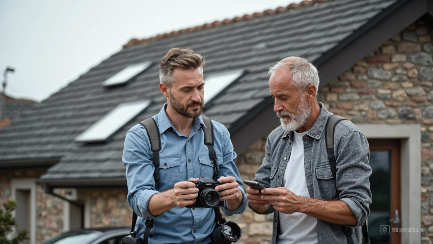 Twee mannen inspecteren dak en documenteren schade.