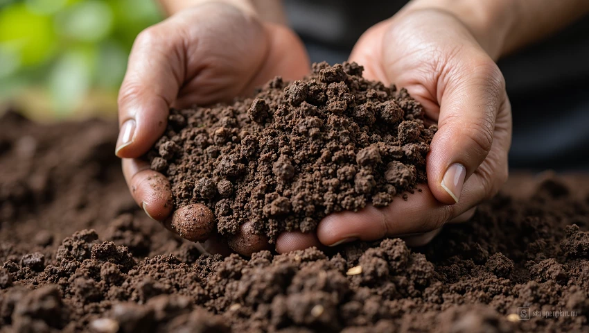 Handen mengen compost door de grond.
