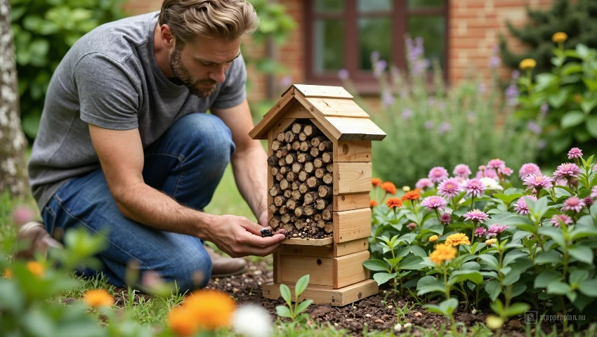 Man plaatst insectenhotel.