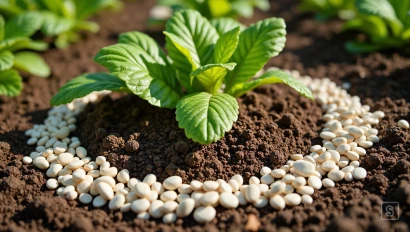 Moestuin met eierschalen rondom planten, focus op textuur.