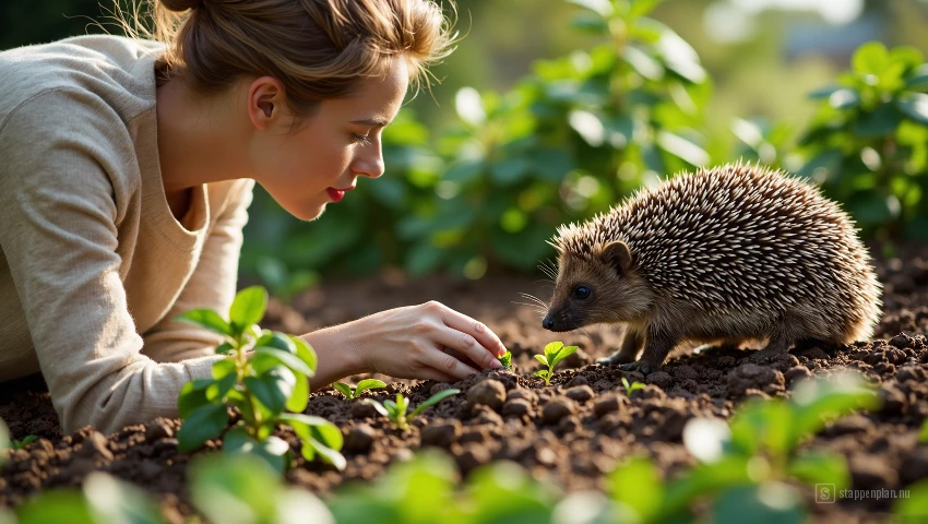 Vrouw kijkt naar een egel die slakken foert in haar moestuin.