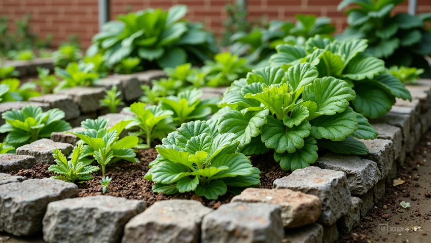 Moestuin met steengrens rondom de planten.