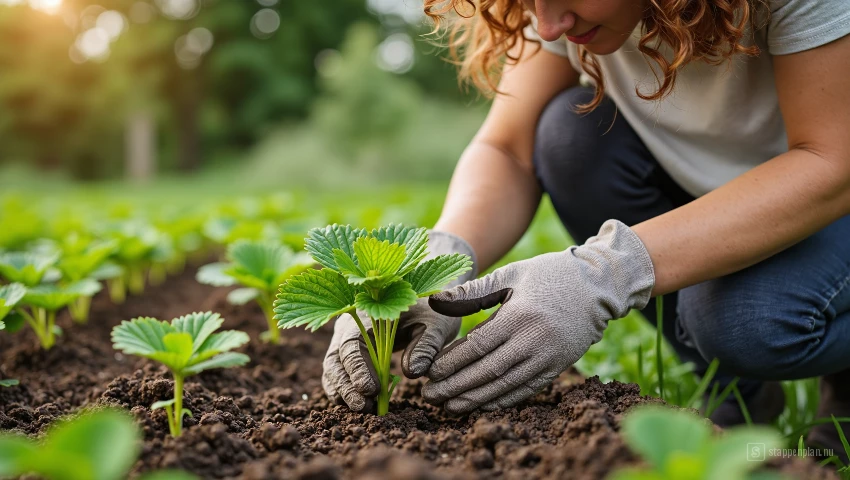 Vrouw plant een aardbeiplant in de aarde.