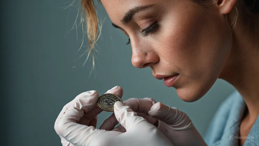 Vrouw brengt een oplossing aan op een aangetaste munt.