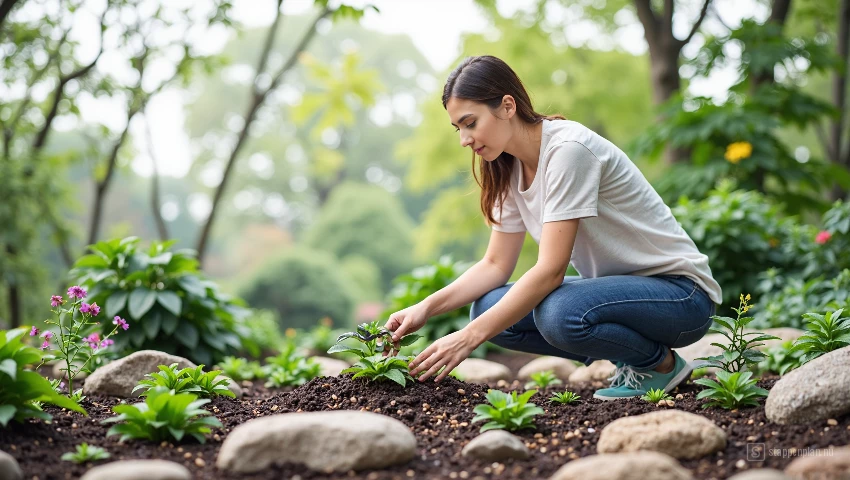Digitale illustratie van een persoon die planten snoeit.