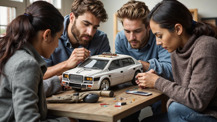 Groep mensen voegt details toe aan een groot modelvoertuig.