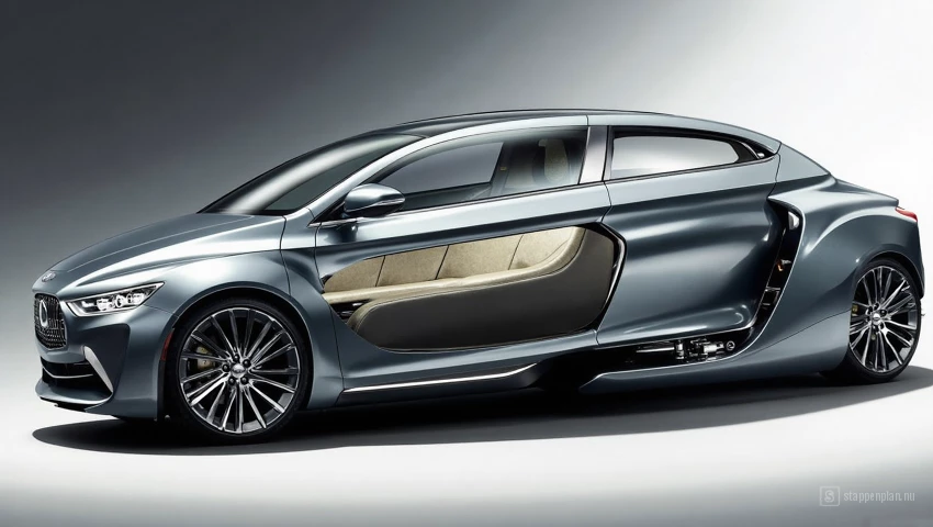 Digitale illustratie van een futuristisch voertuig met een glad oppervlak.