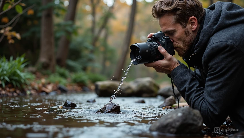Zijaanzicht van fotograaf en druppel