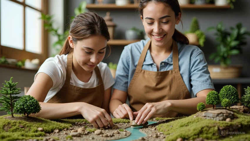 Een jonge vrouw en haar oma die een miniatuur landschap creëren.