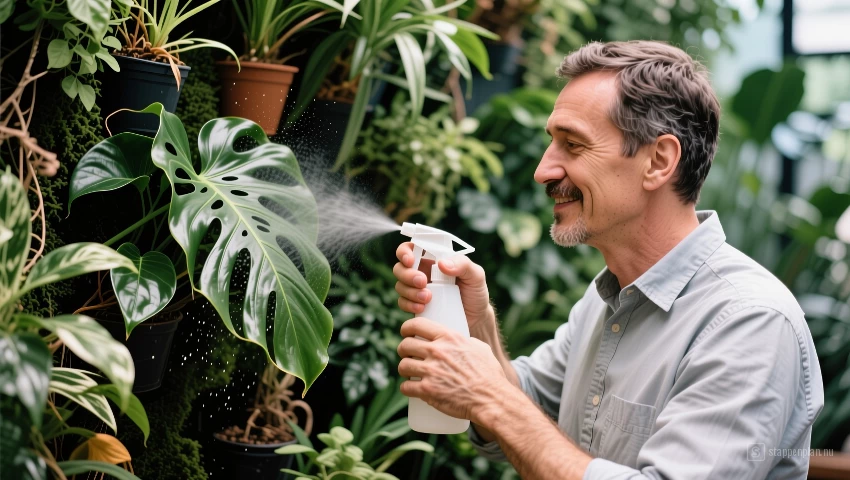 Man vernevelt bladeren van planten.