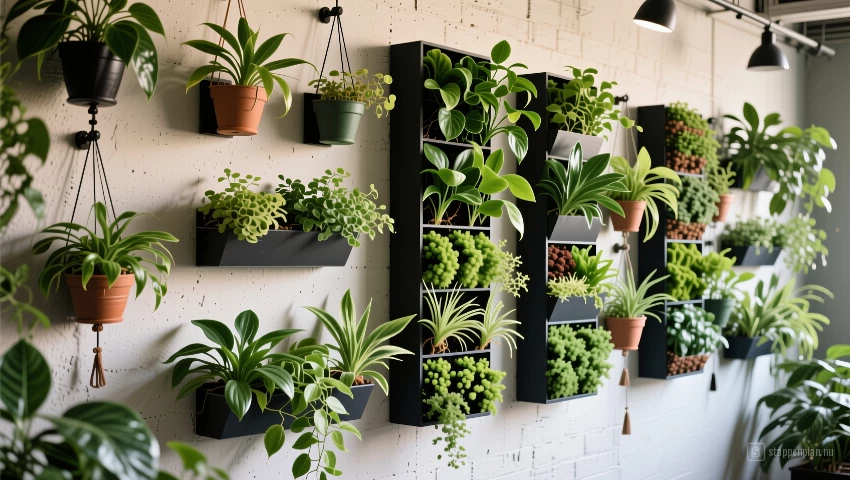 Atmosferische foto van muur met diverse plantenhangers.