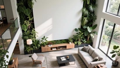 Luchtbeeld van woonkamer met grote, lege muur.